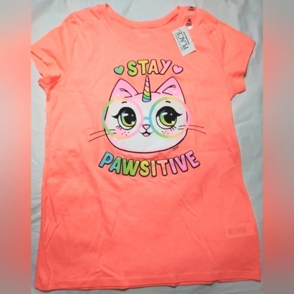 The Children's Place Rainbow Stay Pawsitive Kitty Short Sleeve Shirt- 14/16
